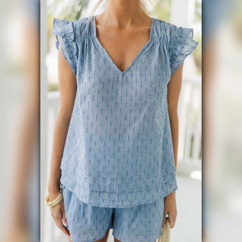 * A475 • Blue Ruffle Flutter Sleeve Top & Short Set - Picture 4 of 11